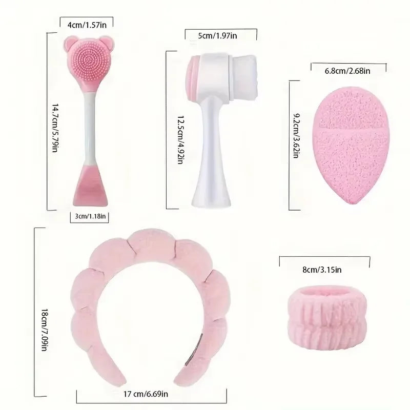 7-piece makeup and face wash beauty set, including 3 headband sets, 1 cosmetic bag, 2 face wash brushes and 1 powder puff Good Vibrations