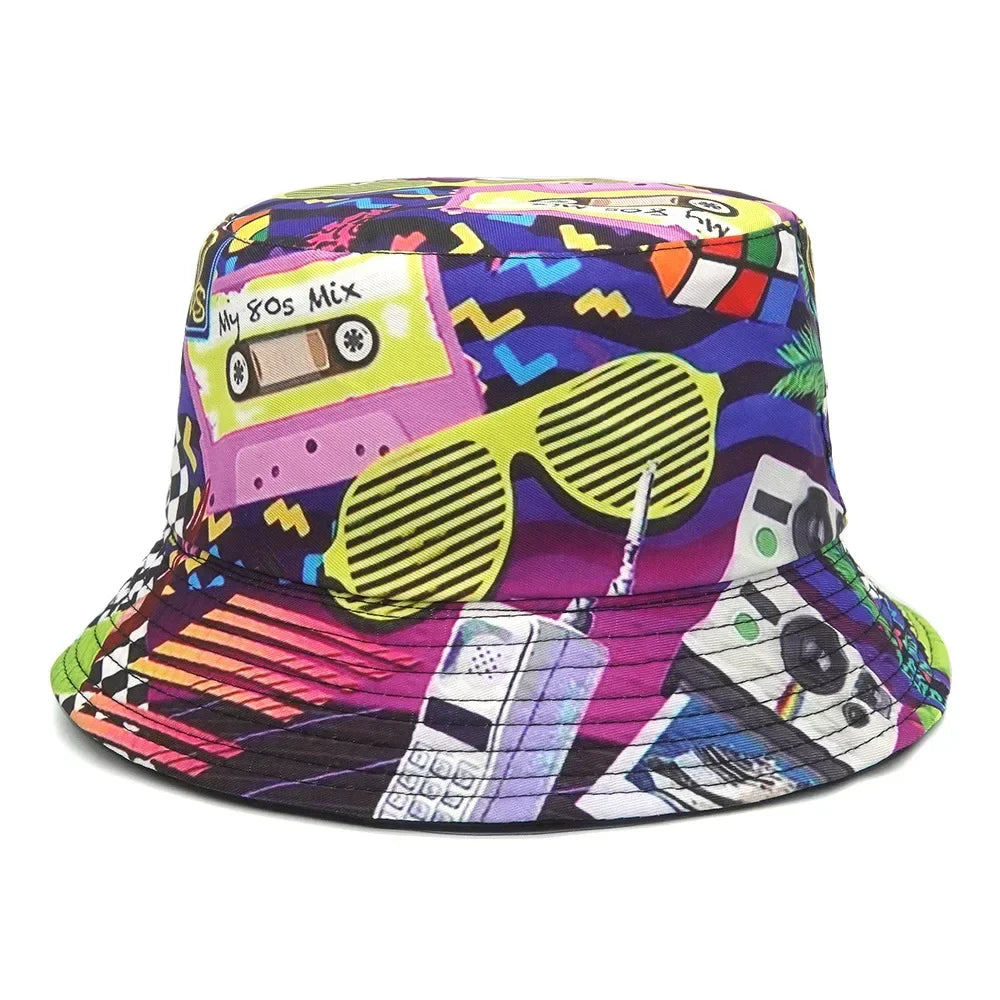 Women Bucket Hat Fashion Design Print 90's Panama Hats Female Vintage Fisherman Unisex Sun Cap Dropshipping Good Vibrations