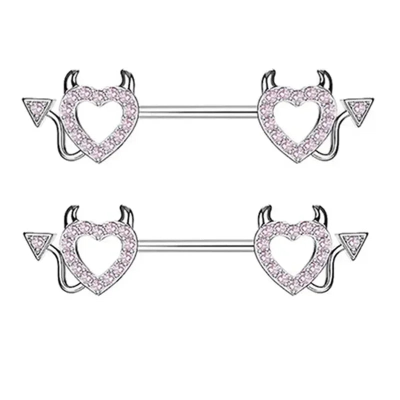 Pink Devil Nipple Piercing Jewelry Set Heart Crystal Nipple Rings Bulk Shiny Butterfly Nipple Barbell Dangle Lot Piercing Pezon