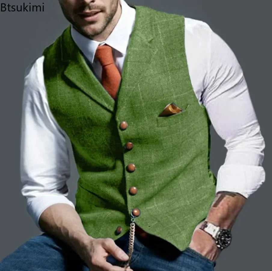 2025 Men's Formal Vests Lapel Tweed Plaid V-neck Waistcoat Slim Vest Business Formal Dress Suit Casual Wedding Tuxedo Male Vest Good Vibrations
