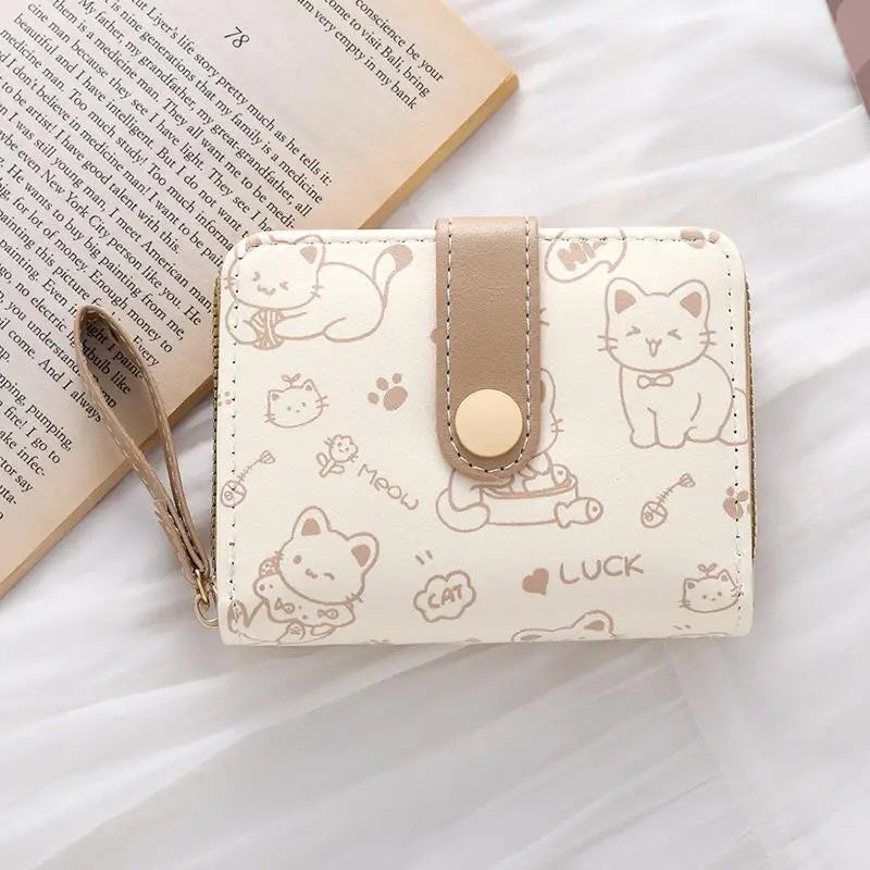 Cute Cat PU Leather Coin Purse Women Fashion Short Wallet Folding Zipper Wallet ID Card Holder Travel Lightweight Cash Coin Bags Good Vibrations