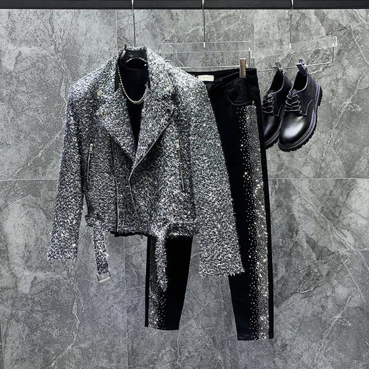 Autumn Winter High-End Bright Silk Design Short Suit Collar Jackets Loose Coat Men Handsome Fashion Trendy Male Solid Color Tops Good Vibrations