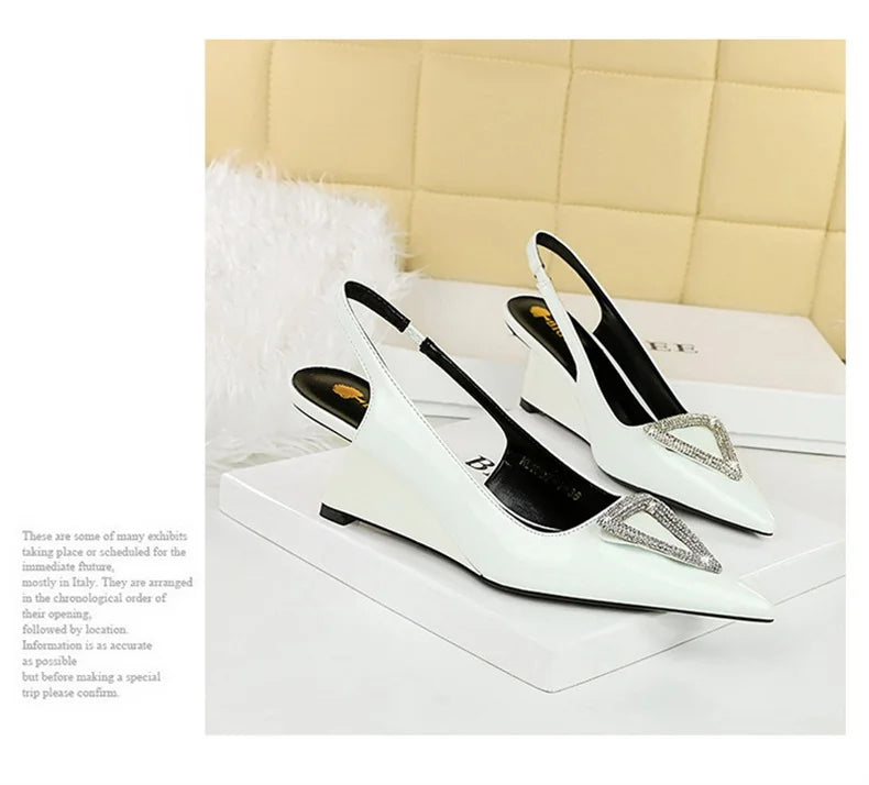 Wedges Women Shoes High Heel Shallow Pointed Toe Hollow Back Straps Patent Leather Triangle Metal Crystal Buckle Pumps Good Vibrations