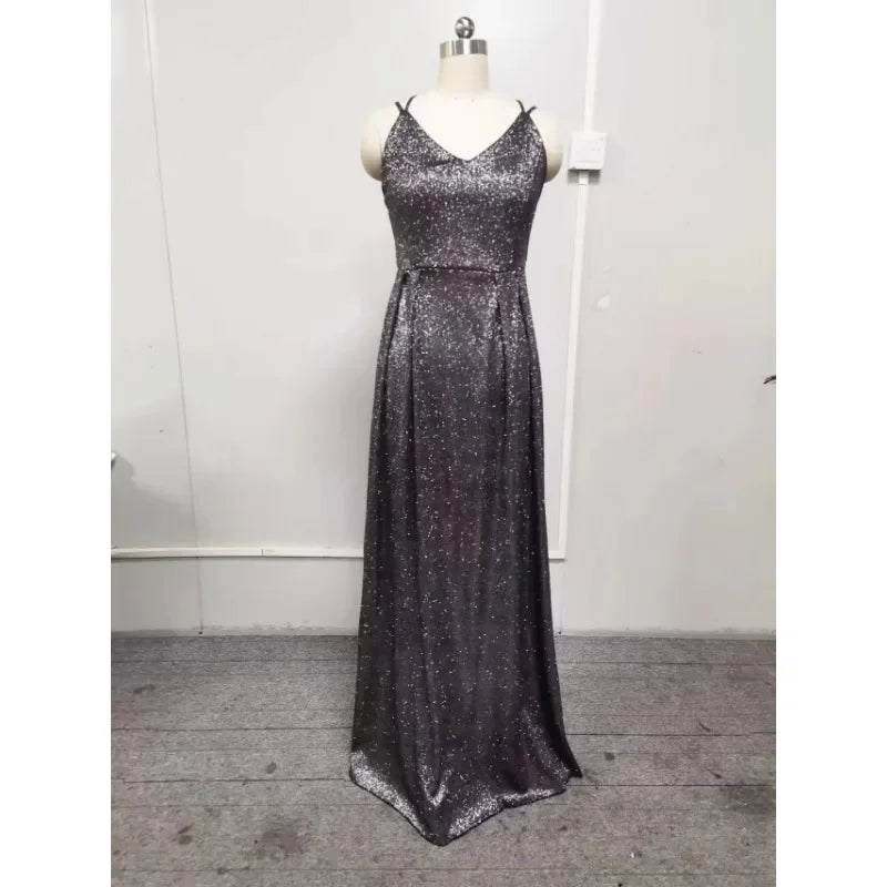 Sexy Strap V Neck Halter Glossy Guest Graduation Celebrity Evening Floor Length Dress Elegant Luxurious Women Corset Party Dress Good Vibrations