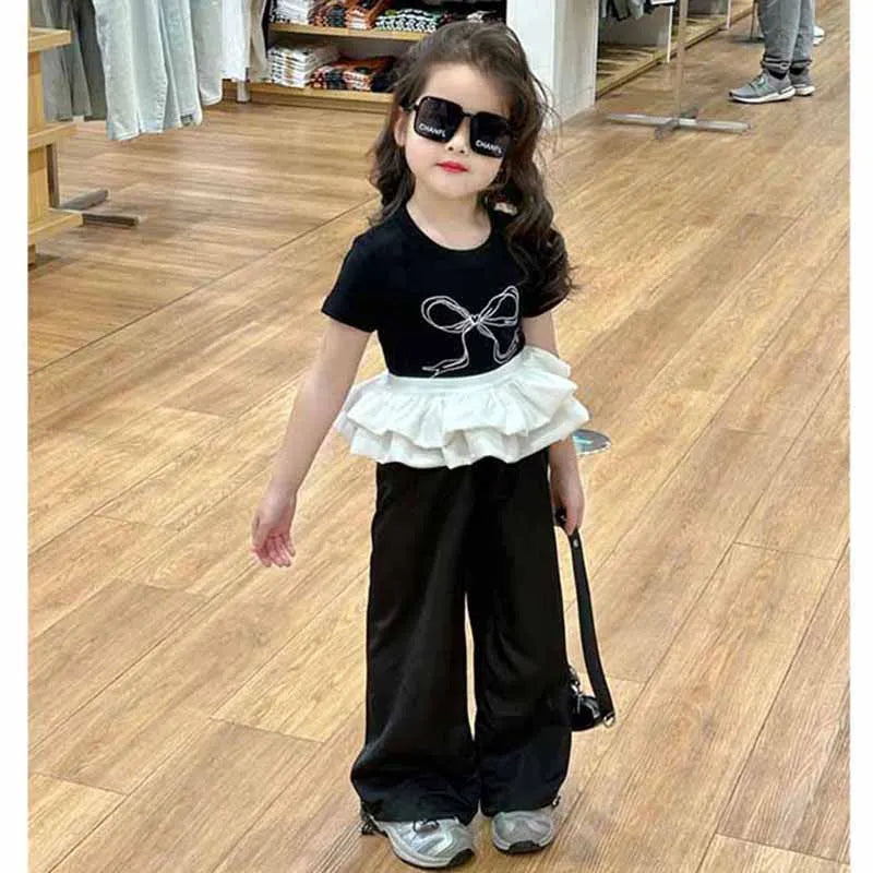 Girls Bow Clothing Sets Children's Fashion Tops Suit Baby Knotbow Short-Sleeve Tops+Pants 2Pcs New Summer Sweet Kids Clothes Good Vibrations