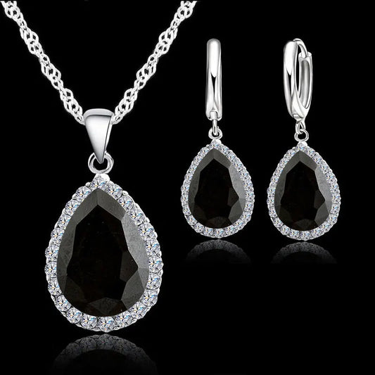 Charm Jewelry Sets For Women Water Drop Crystal 925 Sterling Silver Bridal Wedding Necklace Earrings Set Anniversary Good Vibrations