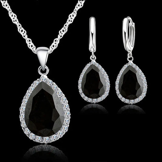 Charm Jewelry Sets For Women Water Drop Crystal 925 Sterling Silver Bridal Wedding Necklace Earrings Set Anniversary Good Vibrations
