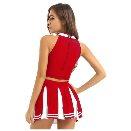 Carnival Costume 2Pcs Womens Adults Cheerleading Uniform Cosplay Outfit Crop Top with Mini Skirt Halloween Fancy Dress Up Party Good Vibrations