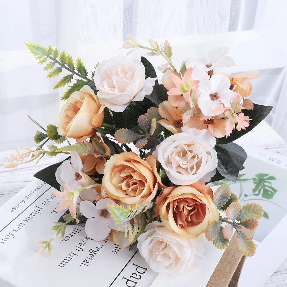 Beautiful Roses Autumn Artificial Flowers Silk Peony Hydrangea Big Bride Bouquet Wedding Home Party DIY Decoration Fake Flowers Good Vibrations