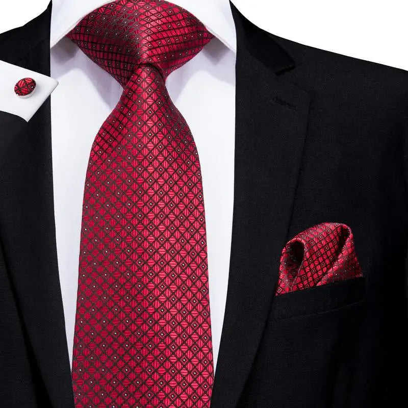 Hi-Tie Designer Red Burgundy Plaid Silk Wedding Tie For Men Handky Cufflink Gift Mens Necktie Fashion Business Party Dropshiping Good Vibrations