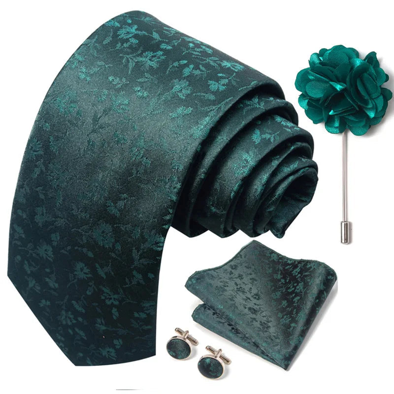 Luxury Mens Ties Floral Black Gold Ties Paisley NeckTie Pocket Square Cufflinks Brooch Set Men's Wedding Party Tie Good Vibrations