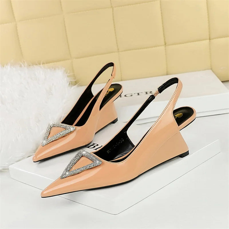 Wedges Women Shoes High Heel Shallow Pointed Toe Hollow Back Straps Patent Leather Triangle Metal Crystal Buckle Pumps Good Vibrations