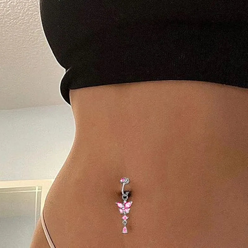 Clip On Belly Button Ring Butterfly Copper Zircon Pink Fake Belly Piercing Umbilical Navel Body Jewelry Trendy Fashion Style Good Vibrations Adult Super Store