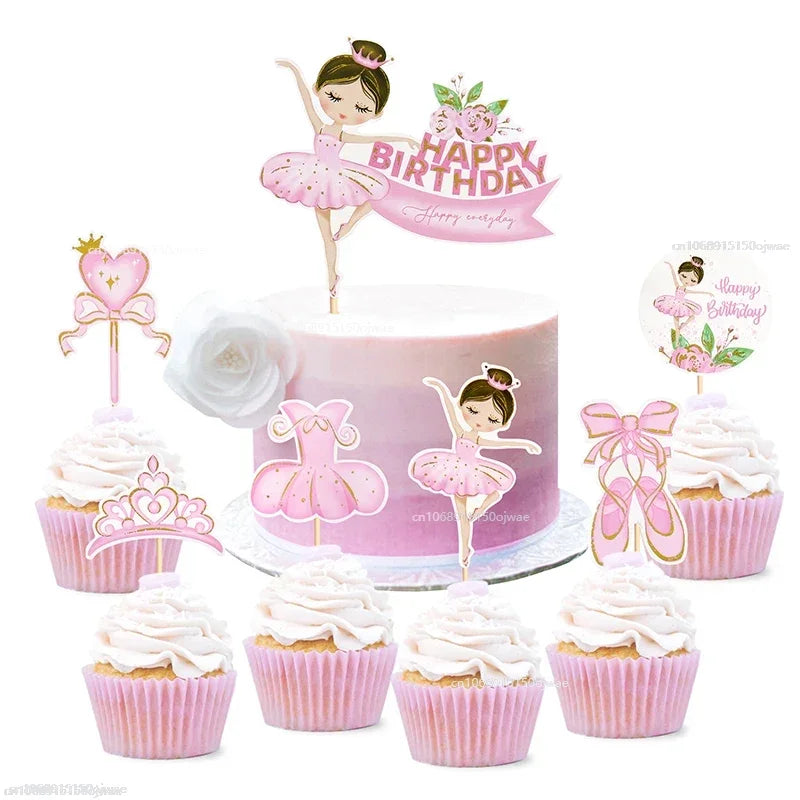 Pink Ballerina Girl Cake Topper Toppers Crown Dress Kids Happy Birthday Wedding Party Baby Shower Baking Cake Dessert DIY Decor Good Vibrations