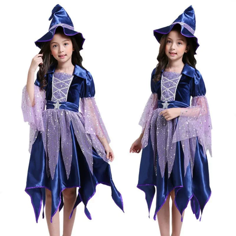 Halloween Party Costumes Witch Dress for Girls Kids Cosplay Carnival Witch Costume Pumpkin Dress Up With Bag Hat Wand Clothing Good Vibrations