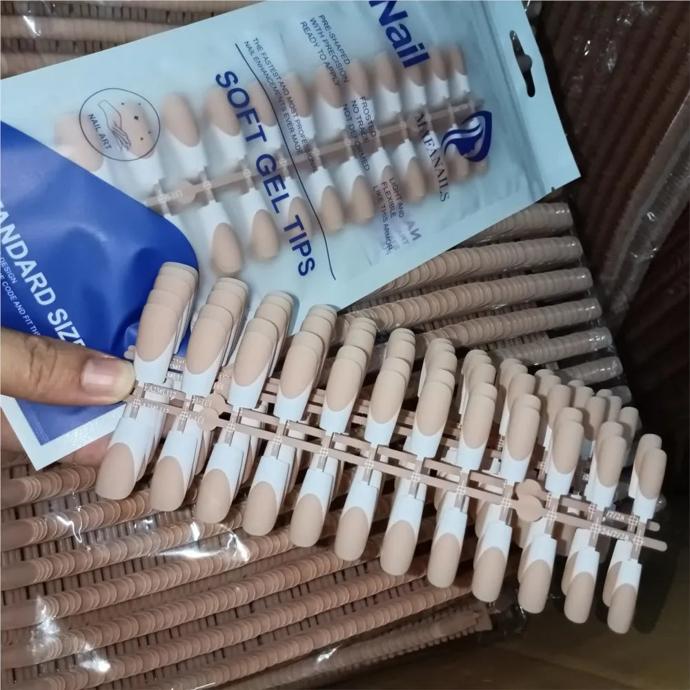 120pcs Pink French Tip Press-On Nails Medium Length Square Shape With Glossy Finish False Nails Full Cover Pre-Shaped Fake Nails Good Vibrations