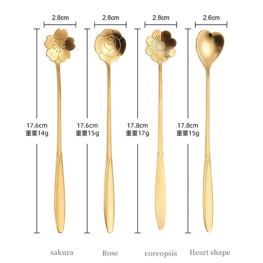 4Pcs Flower Spoon Set Small Teaspoon Coffee Spoon Cute Ice Cream Dessert Spoon Silver Gold Stainless Steel Tableware Accessories Good Vibrations