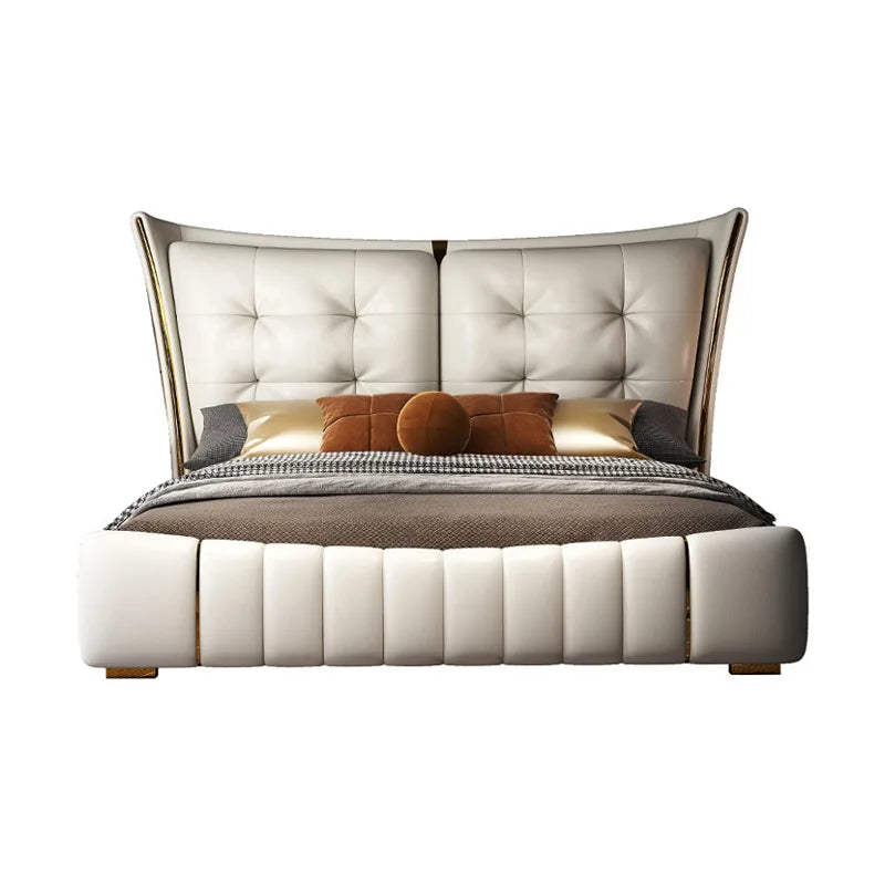 Light Luxury Leather King/Queen Bed Modern Soft Package Bed and Bedside Table for Bedroom Wedding Bed Solid Wood Bed Frame Good Vibrations