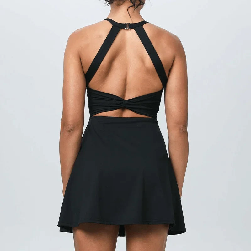 Airy Backless Twisted Cool Touch Dance Active Dress Workout Tennis Dress with Built in Shorts and Bra Golf Exercise Activewear Good Vibrations