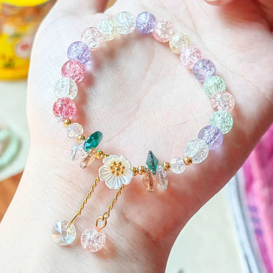 Korean New Sweet Daisy Flower Bracelet For Women Colorful Crystal Beaded Elastic Rope Bracelets Girl Party Wedding Jewelry Gifts Good Vibrations