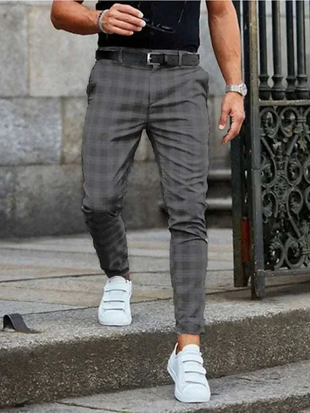Suit Pant Men Long Pants Plaid Mid Waist Simple Slim Fit Zipper Splice Casual Regular Autumn Winter 2024 Straight Trousers Good Vibrations
