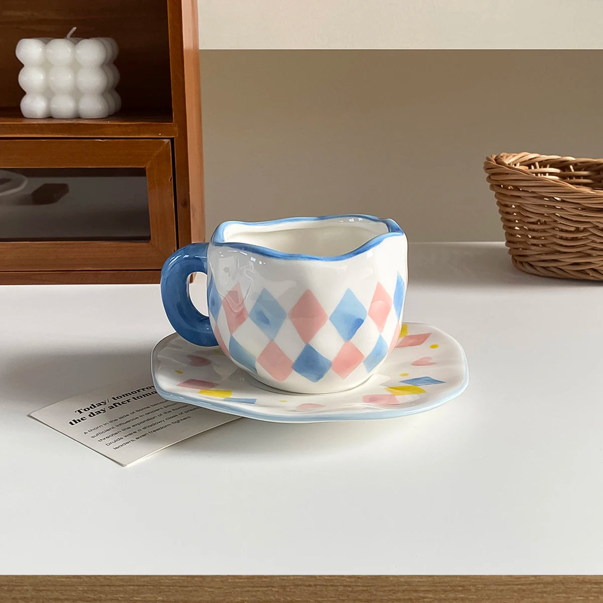 1Pc280Ml Original Design Scandinavian Style Hand-Kneaded Ceramic Coffee Cup and Saucer Multi-Color Plaid Heart Blue Sky and White Clouds Flower Mug Suitable for Afternoon Tea Milk Cup and Saucer Latte Cup Dessert Plate Cup an Good Vibrations