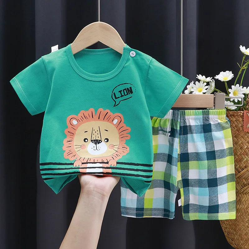 Child Clothing Sets Boys Cartoon Print Tshirt Simple Fashion Tees Shorts New Cute Tops Tracksuits Kids Short Sleeve Tops Shorts Good Vibrations