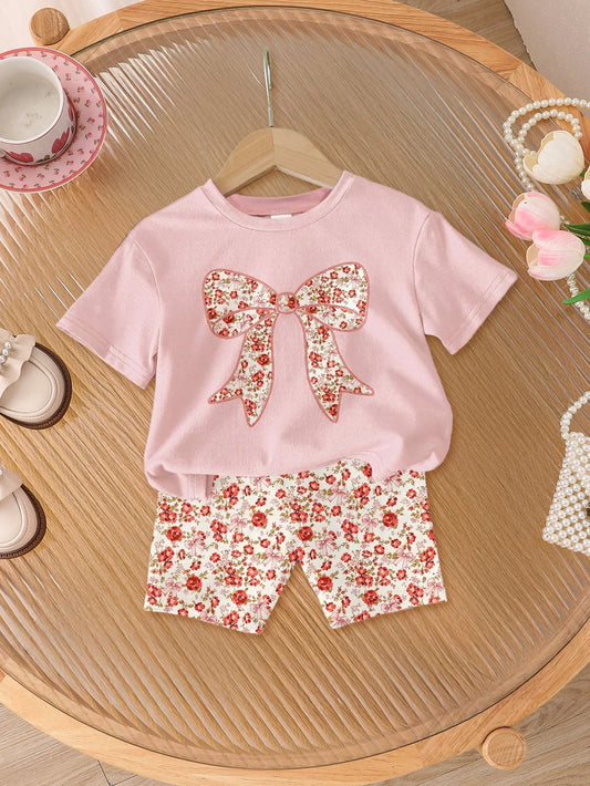 2-Piece Set of Simple and Versatile Casual Summer Outfits for Girls: Toddler Girls' Bowknot Round-Neck Short-Sleeve Top + Elastic Waist Floral Print Shorts, Outdoor Stylish and Youthful Children's Clothing Good Vibrations