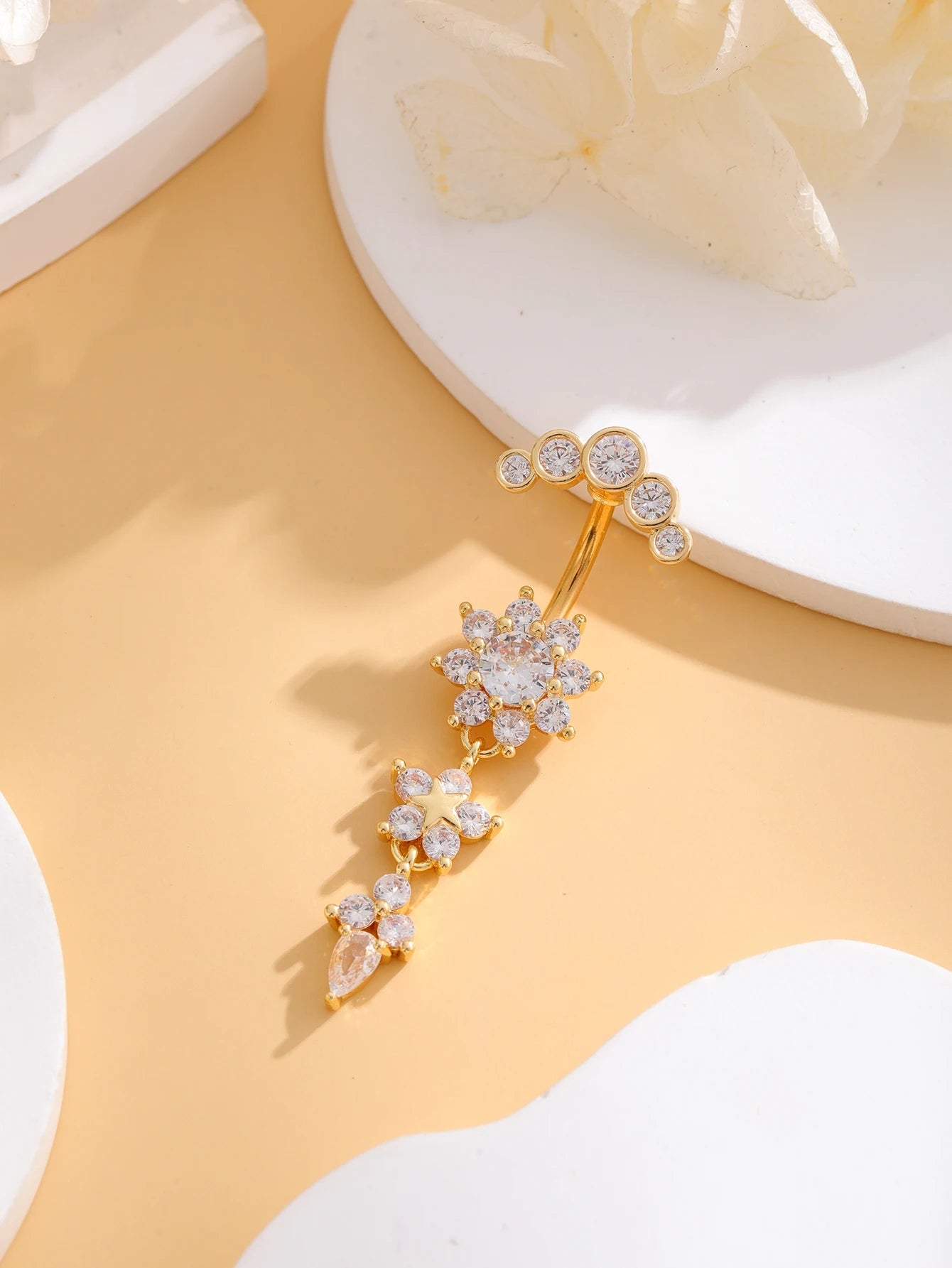 Gold Color Stainless Steel Belly Button Ring Long Dangled Flower CZ Crystal Navel Belly Piercing Rings for Women Sexy Jewelry Good Vibrations Adult Super Store