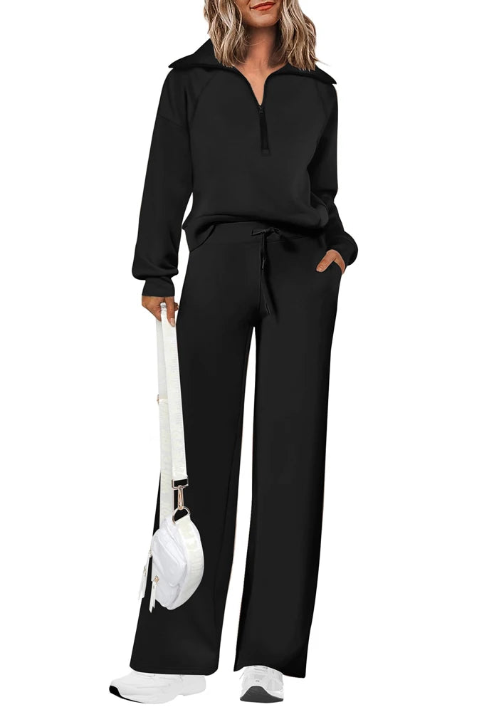 Women's Two-Piece Sports Set Loose-Fit Half-Zip Sweatshirt Wide-Leg Joggers Home & Leisure Set Sportswear Ensemble Good Vibrations