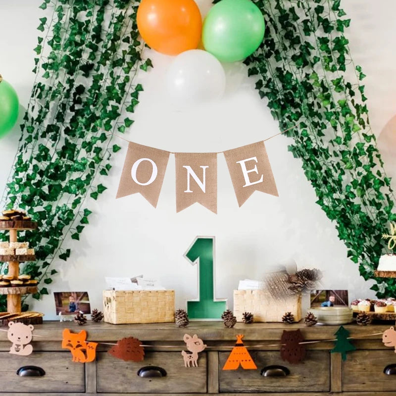 Baby First Birthday Chair Banner Burlap ONE Garland Boy Girl One Year Old Birthday Party Decoration Favors Photo Props Supplies Good Vibrations