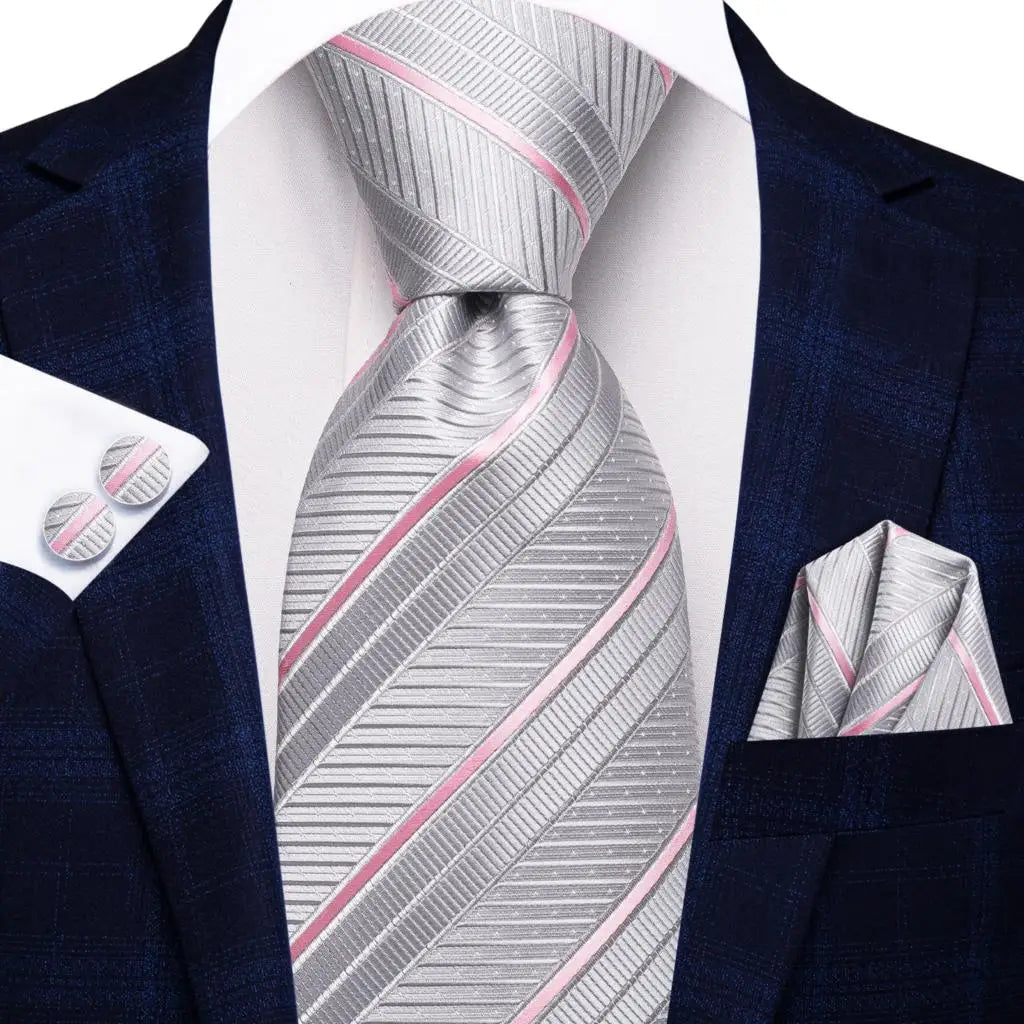 Men's Ties White Sliver Hanky Cufflinks Set Silk Neck ties For Men Wedding Party Business Mens Tie 2022 New Fashion Brand Hi-Tie Good Vibrations