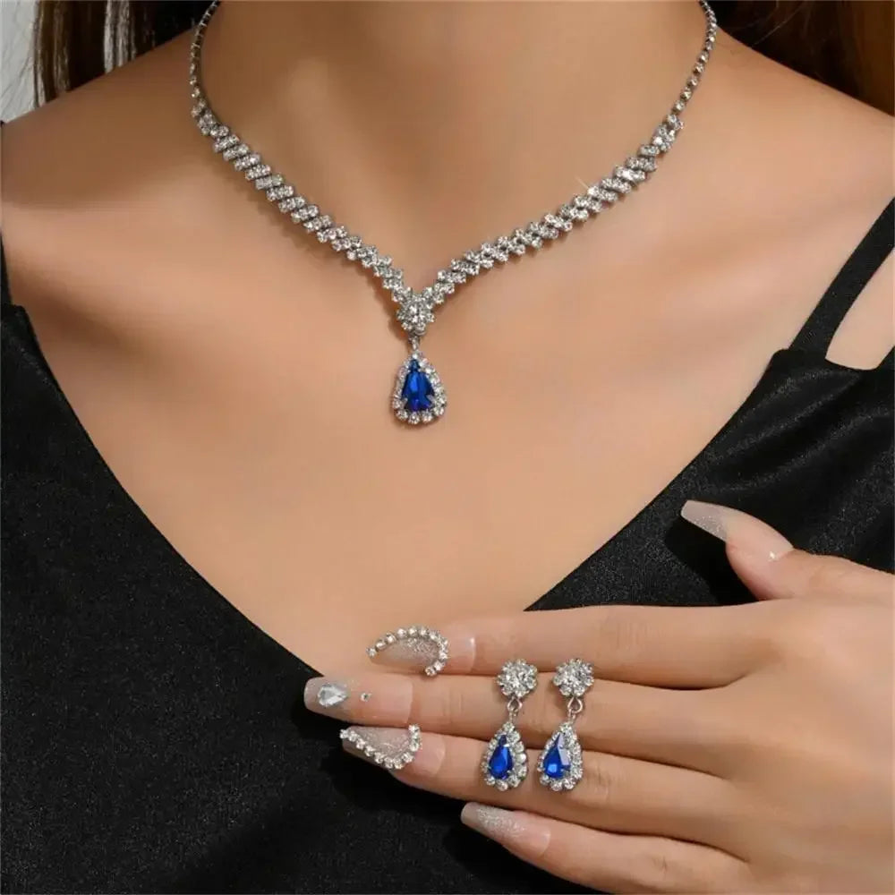 2pcs/set Jewelry Sets Women Elegant Waterdrop Rhinestone Pendant Necklace stud Earrings Wedding Dress Bridal Jewelry Set Good Vibrations
