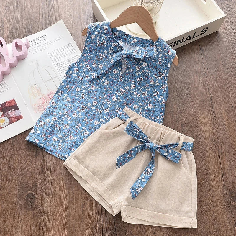 Blue floral sleeveless vest and beige shorts set with matching bow for baby girls summer clothes