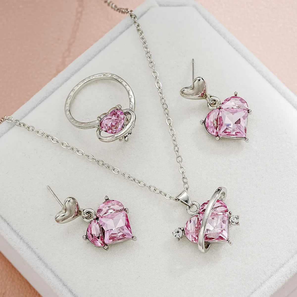 4 Pieces Love Pink Crystals Sweet Earrings Necklaces And Rings Jewelry Set Lightweight And Versatile For Women Mother's Day Gift Good Vibrations