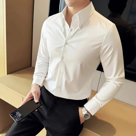 High Quality Versatile Business Casual Shirt Men Korean Fashion Long Sleeved Slim Fit Shirt Office Work Uniform Men Clothing 6XL Good Vibrations