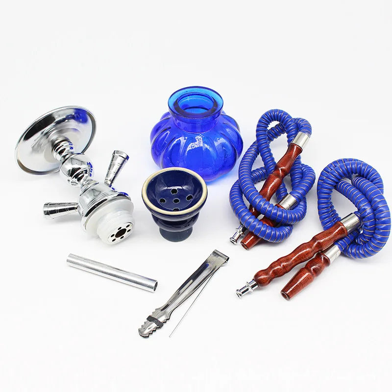 Small glass shisha pipe hookah set with blue hose, metal bowl, and charcoal tong.