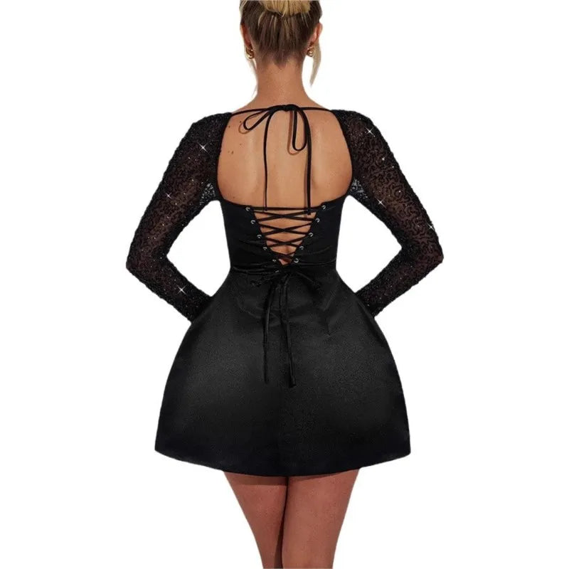 Autumn New Sequins Long Sleeve Mini Dress Chic Square Collar Backless Evening Dress Elegant Ladies Lace Up Exclusive Short Dress Good Vibrations