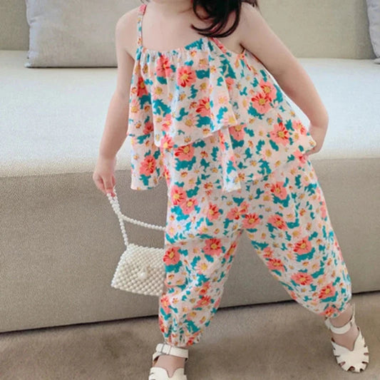 2024 Summer New baby Girls' Suits Cute Floral Vest And Anti-Mosquito Pants Children Clothing Sets Fashion Kids Outfit Good Vibrations