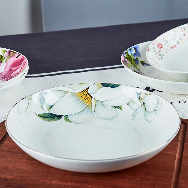 4pcs set, 8inch, bone china dinner plate, camellia design ceramic plates dinner set, set plate dish porcelain, dinner dish serve Good Vibrations