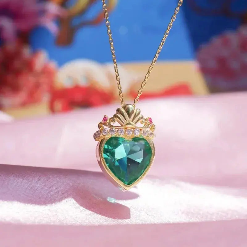 Ariel Crown Charm Necklace Women Girls Fashion Wedding Geek Party Jewelry Green Heart Shell Princess Crown Necklace Gift For Her Good Vibrations