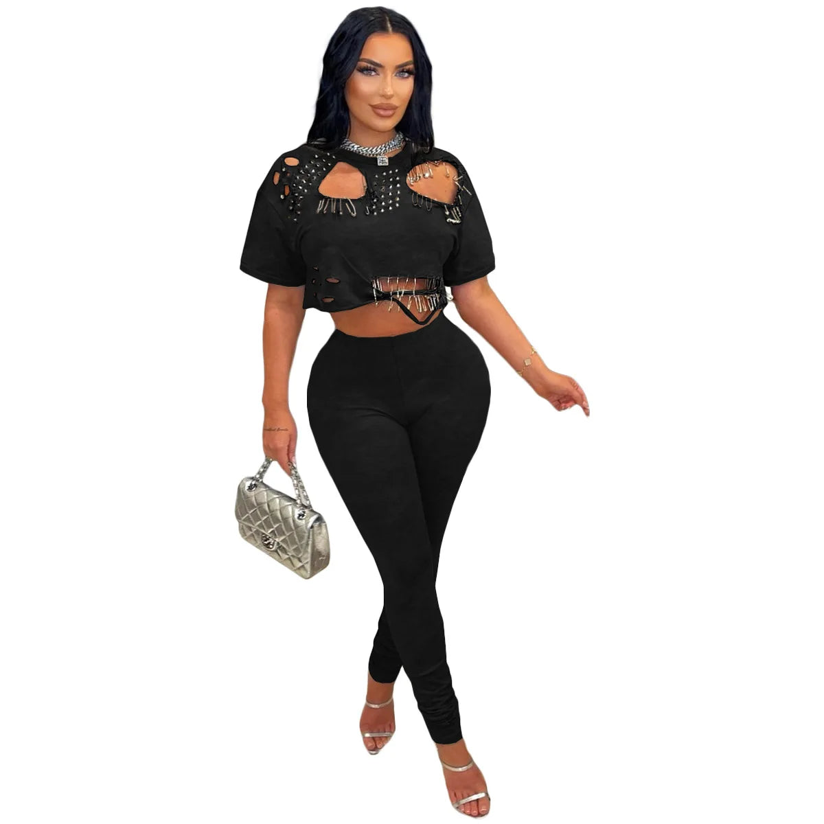 Women's Fashion White Two Piece Set Solid Loose Round Neck Piercing Pin Short T-shirt Pants 2026 Spring/Summer Set Red Black Good Vibrations