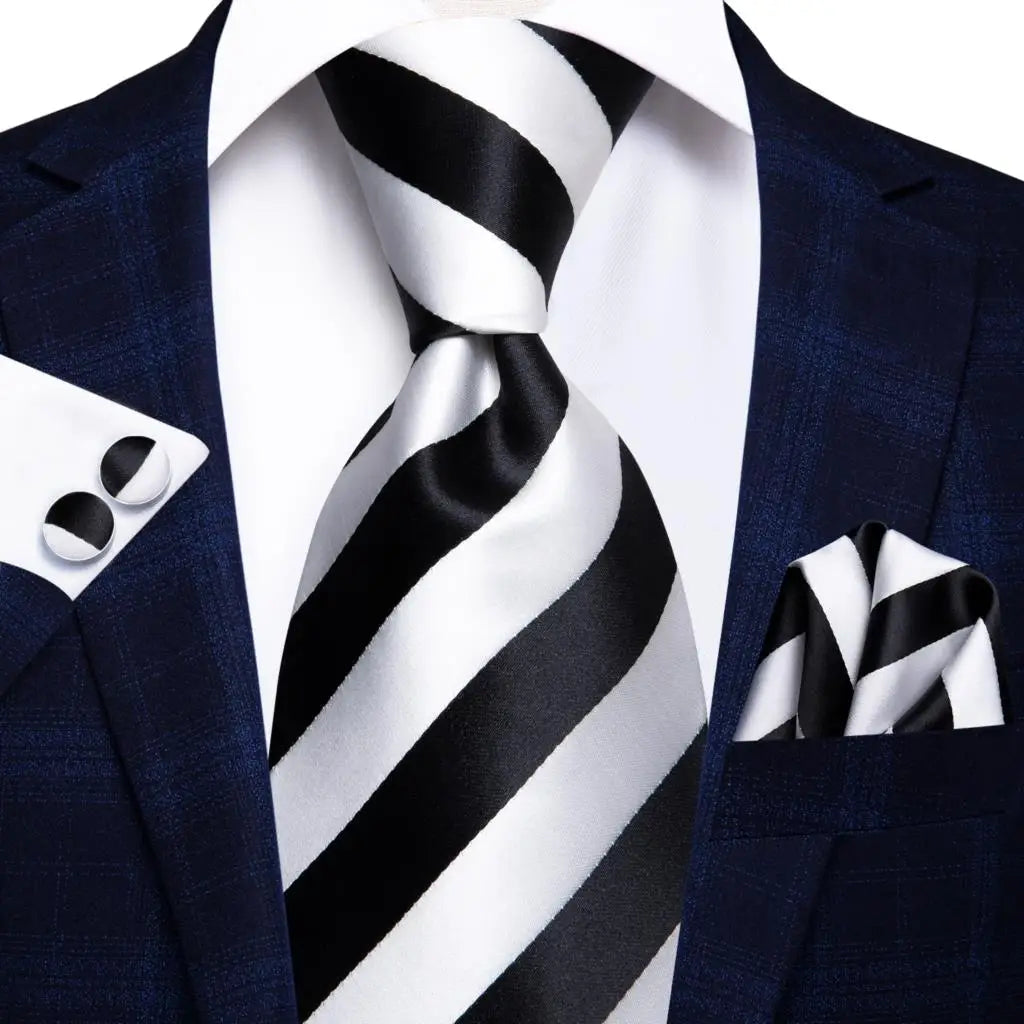 Men's Ties White Sliver Hanky Cufflinks Set Silk Neck ties For Men Wedding Party Business Mens Tie 2022 New Fashion Brand Hi-Tie Good Vibrations