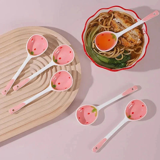 Kawaii Strawberry Ceramic Soup Spoon Cute Korean Ice Cream Hand Painted Coffee Dessert Long Handle Spoon Kitchen Accessories Good Vibrations