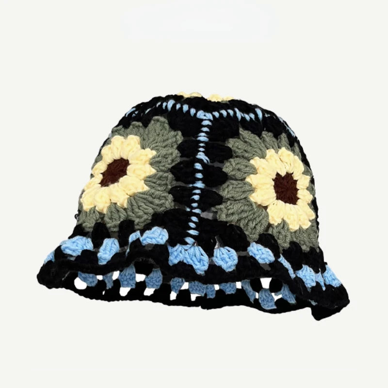 2024 Spring New Crochet Hat Korean Handmade Bucket Hat Women's Weaving Knitted Hat Y2k Fashion Flowers Autumn Winter Ins Beanies Good Vibrations