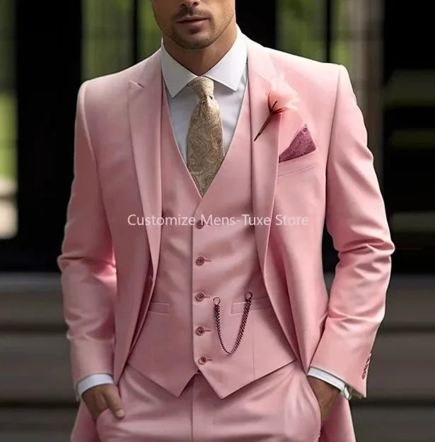 New Beige Suit Men Business Tuxedos Formal 3 Piece Set Jacket Vest Pants Single Breasted Groom Groomsman Prom Wedding Party Good Vibrations