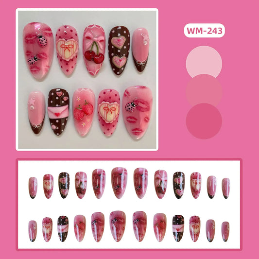 24pcs Sweet Letter Press On Nails Cute Cherry Bowknots Ladybug Strawberry Decor False Nails Blush Pink Almond Fake Nail For Girl Good Vibrations