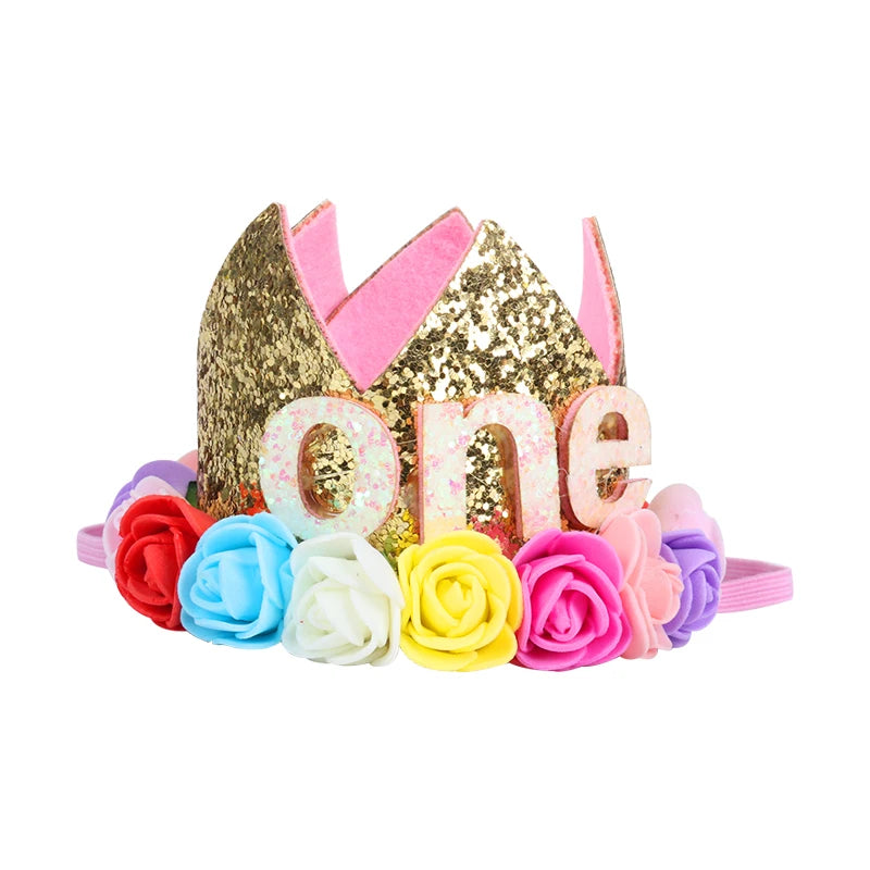 Baby Birthday Decoration Girl 1 2 3 Years Crown Hat Pink White Flower Sequins Crown 1st birthday Photo Prop Happy Birthday Gifts Good Vibrations