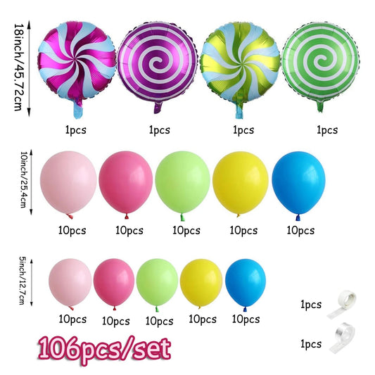 Sweet Candy Party Decoration 106 Pieces Candy Balloon Garland Set Light Pink Purple Blue Latex Balloon with Lollipop Candy Aluminum Foil Balloon for Rainbow Birthday Candy Wedding Party Decoration Good Vibrations
