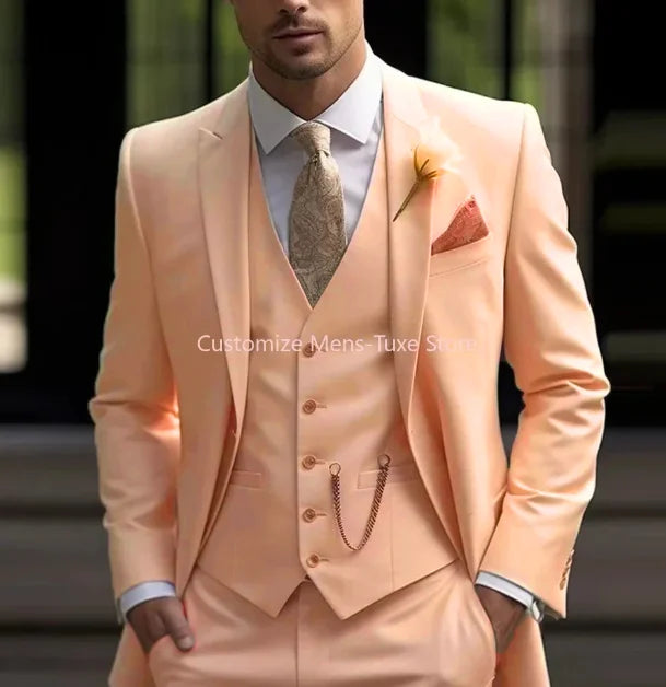 New Beige Suit Men Business Tuxedos Formal 3 Piece Set Jacket Vest Pants Single Breasted Groom Groomsman Prom Wedding Party Good Vibrations